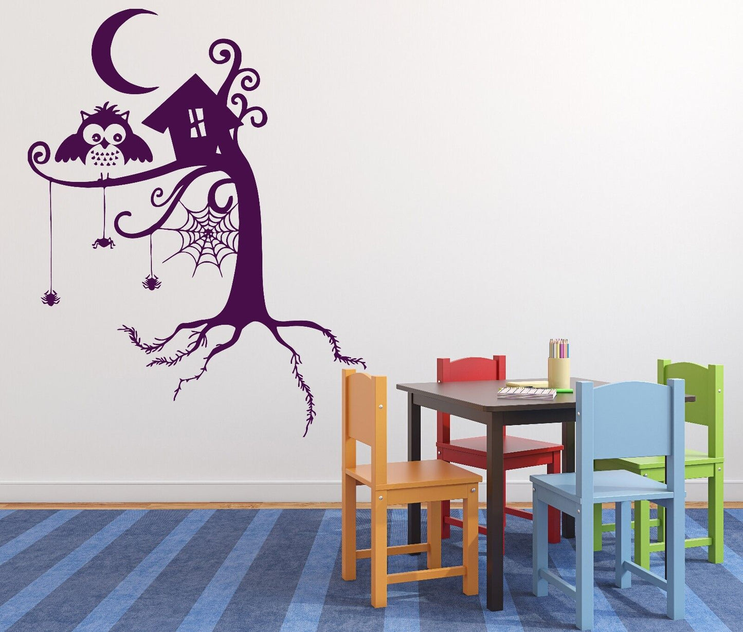 Wall Sticker Fairy Story Tree Forest Spider Web Owl Night Moon Vinyl Decal(n468)