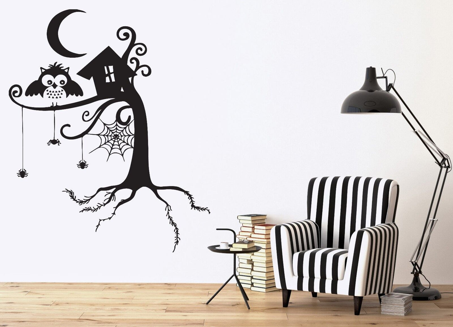 Wall Sticker Fairy Story Tree Forest Spider Web Owl Night Moon Vinyl Decal(n468)