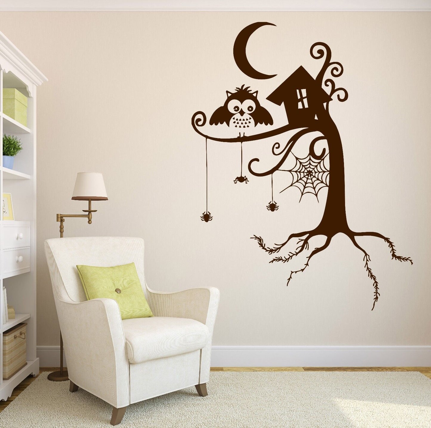 Wall Sticker Fairy Story Tree Forest Spider Web Owl Night Moon Vinyl Decal(n468)