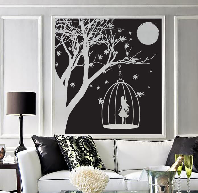 Autocollant mural en vinyle, paysage nocturne délicieux, silhouette de femme, lumière de lune (n521)