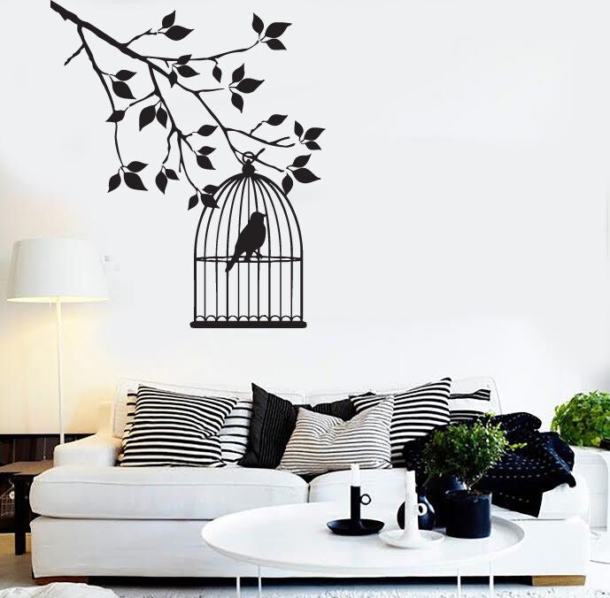 Wall Sticker Vinyl Decal tree branch foliage lonely bird cage (n532)