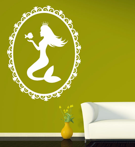 Wall Sticker oval frame beautiful silhouette mermaid Ariel Vinyl Decal (n544)