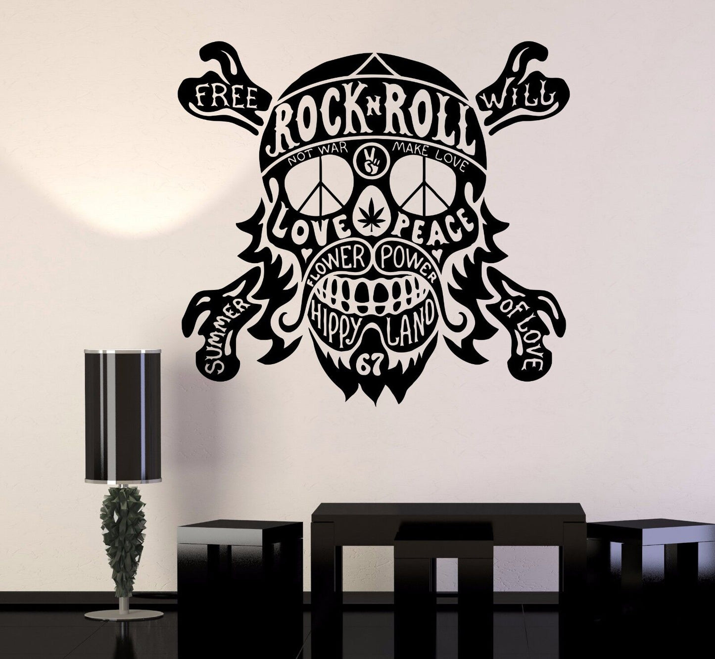 Autocollant mural en vinyle, citation hippie, Rock n Roll, crâne, paix, autocollants muraux (236ig)