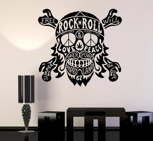 Vinyl Wall Decal Hippie Quote Rock n Roll Skull Peace Stickers Mural (236ig)