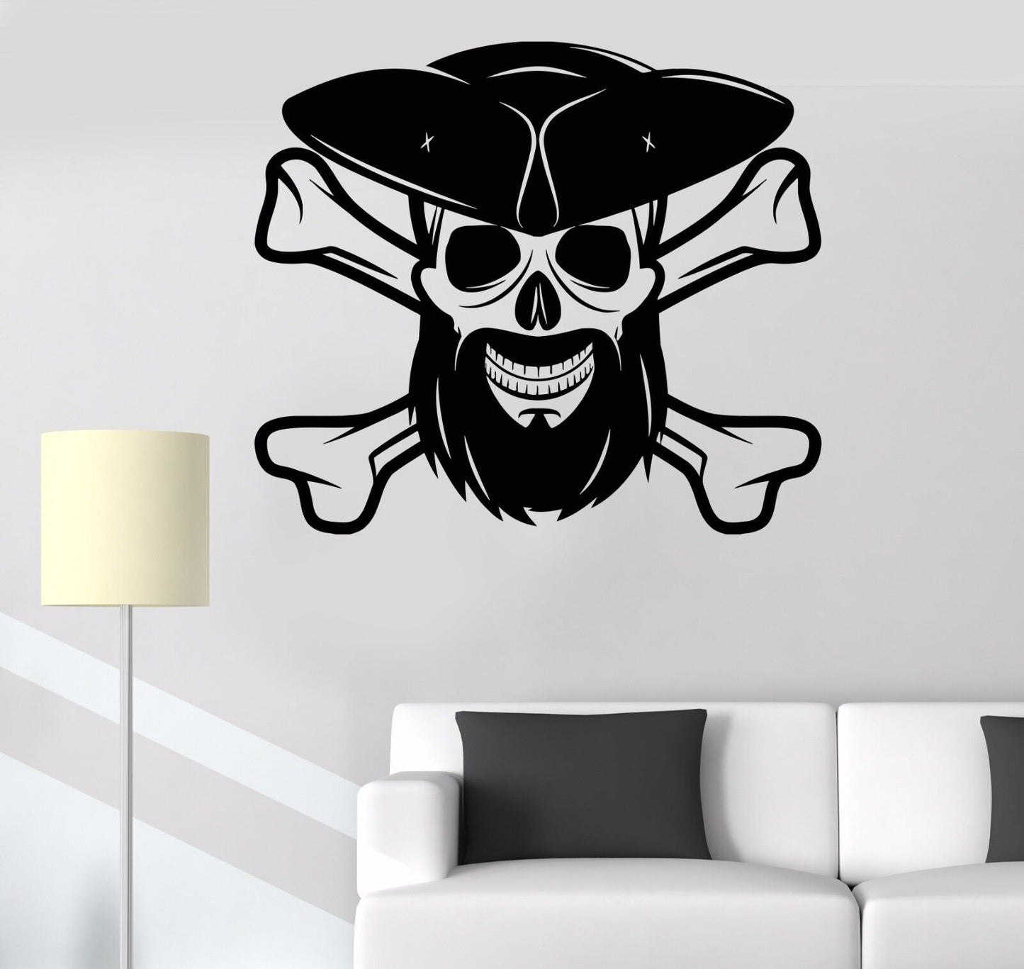 Vinyl Wall Decal Pirate Skull with Beard Boy Room Decorating Stickers (293ig)