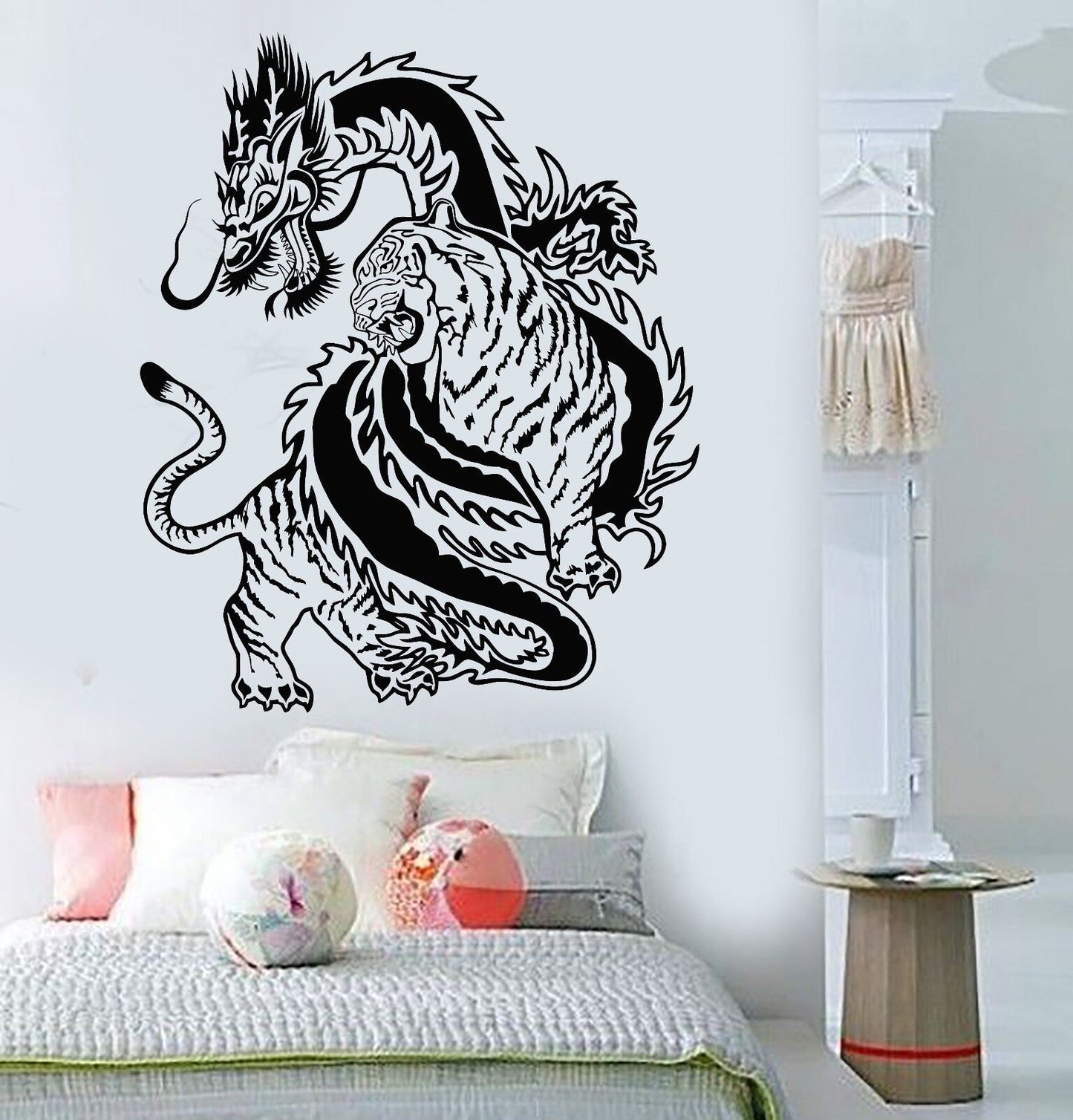 Autocollant mural en vinyle Dragon chinois combat de tigre, autocollants d'art asiatique de chine (307ig)