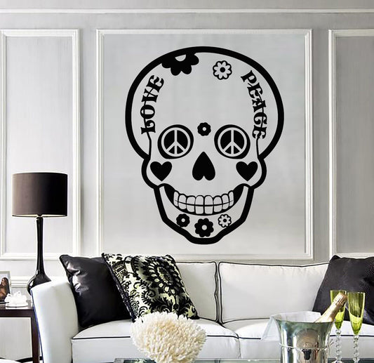 Wandtattoo Totenkopf Love Peace Hippie Vinyl Aufkleber Wandbild (361ig)