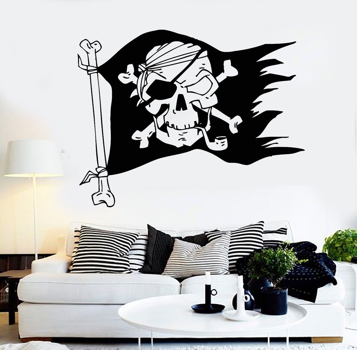 Autocollant mural en vinyle Jolly Roger Pirate drapeau crâne et os autocollants (372ig)