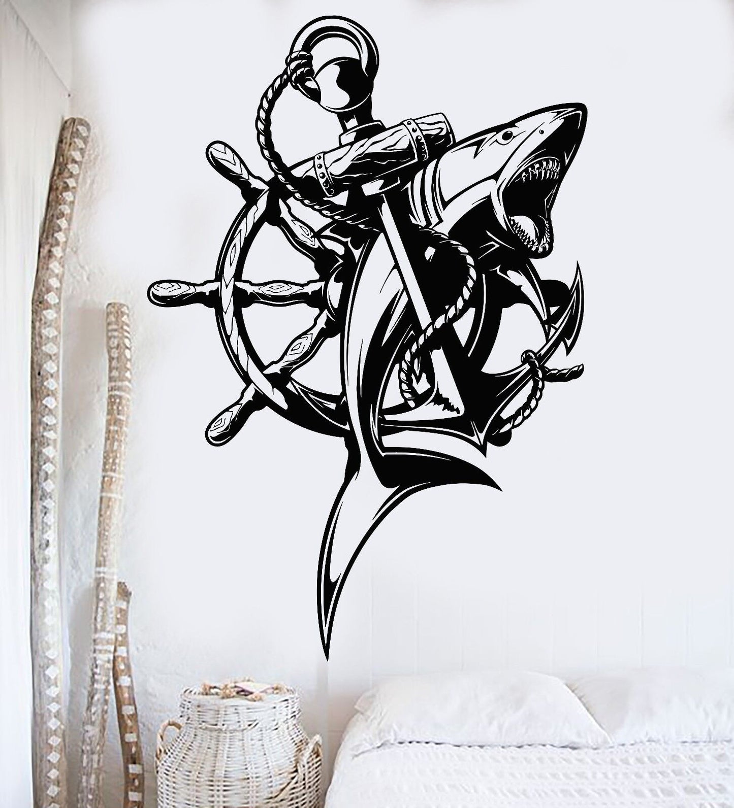 Autocollant mural en vinyle, ancre, requin, décor nautique marin, autocollants (381ig)