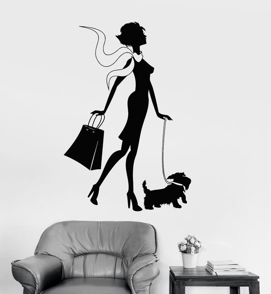 Autocollant mural en vinyle Shopping femme chien fille mode Style autocollants (416ig)