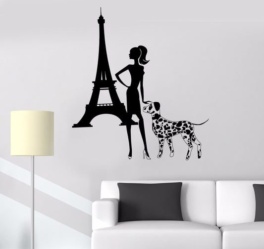 Autocollant mural en vinyle Fashion Girl Lady Dog Tour Eiffel Paris (418ig)