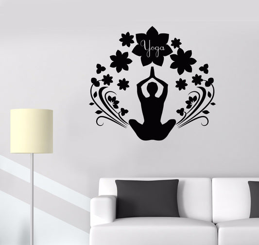 Vinyl Wall Decal Yoga Hinduism Meditation Pose Floral Art Stickers (592ig)