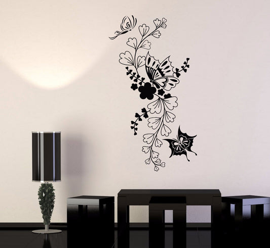 Autocollant mural en vinyle, fleurs naturelles, papillon, décor de salle florale (671ig)