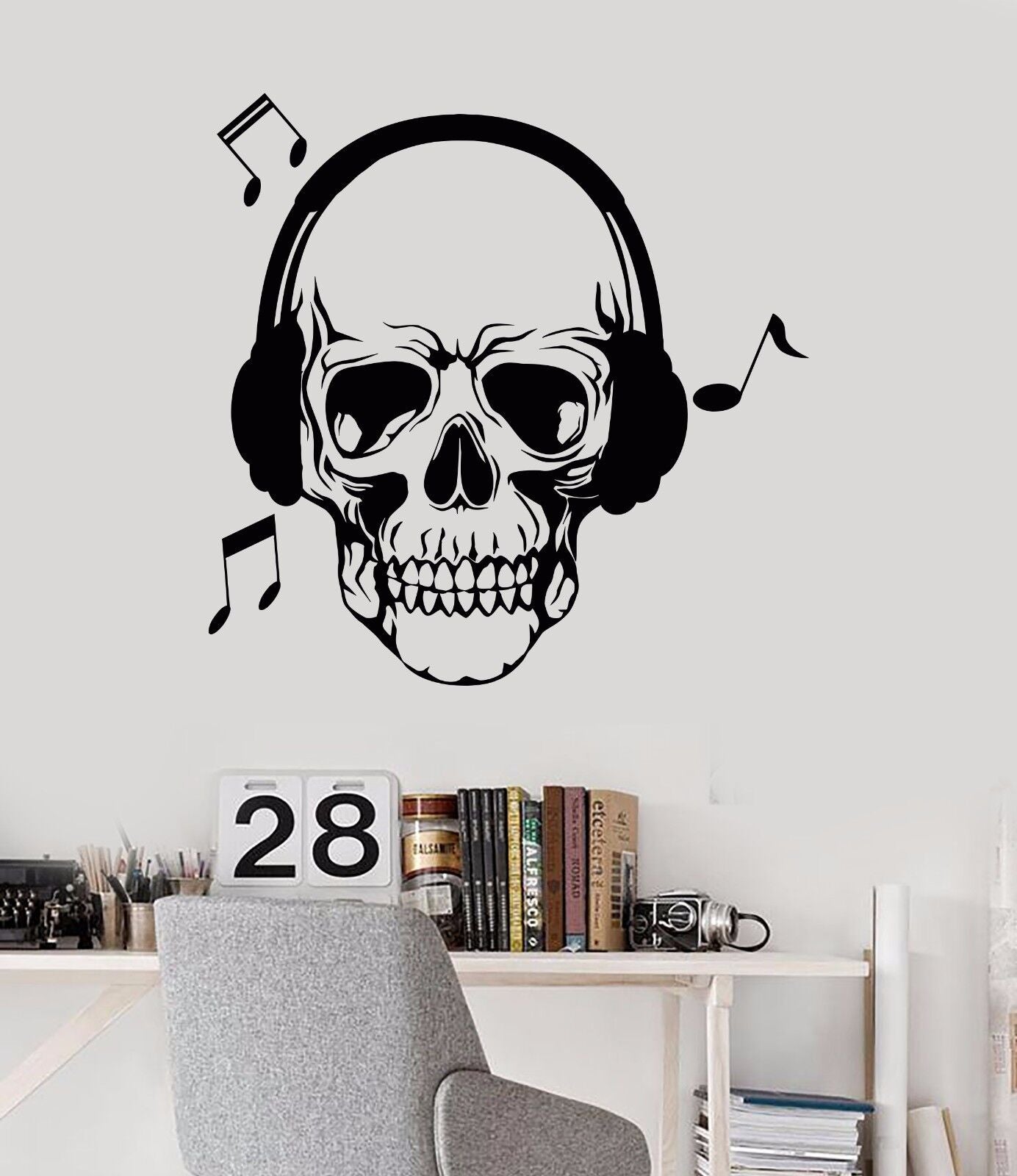 Wandtattoo Totenkopf Liebeslied Musik Kopfhörer Vinyl Aufkleber (680ig)