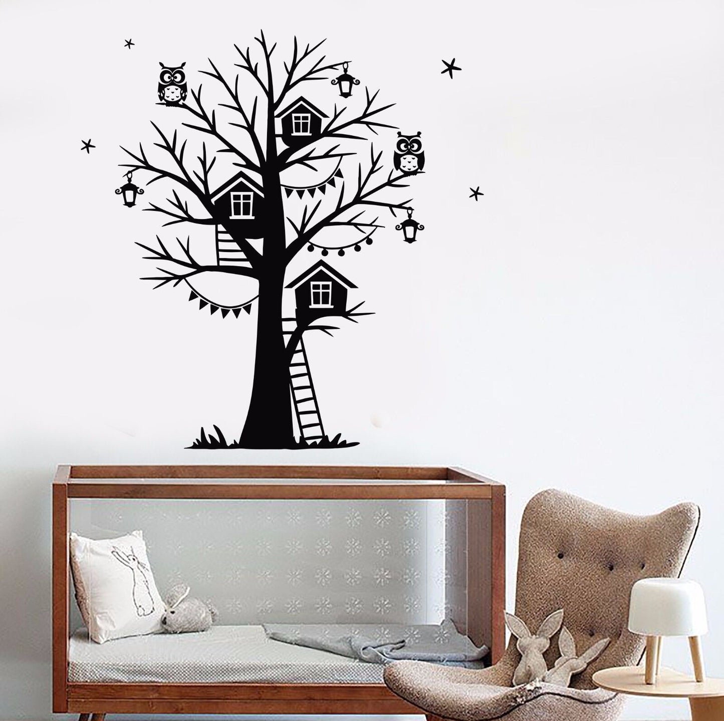 Autocollant mural en vinyle, Branches de hiboux, maison d'arbre, étoiles, autocollants pour pépinière (694ig)