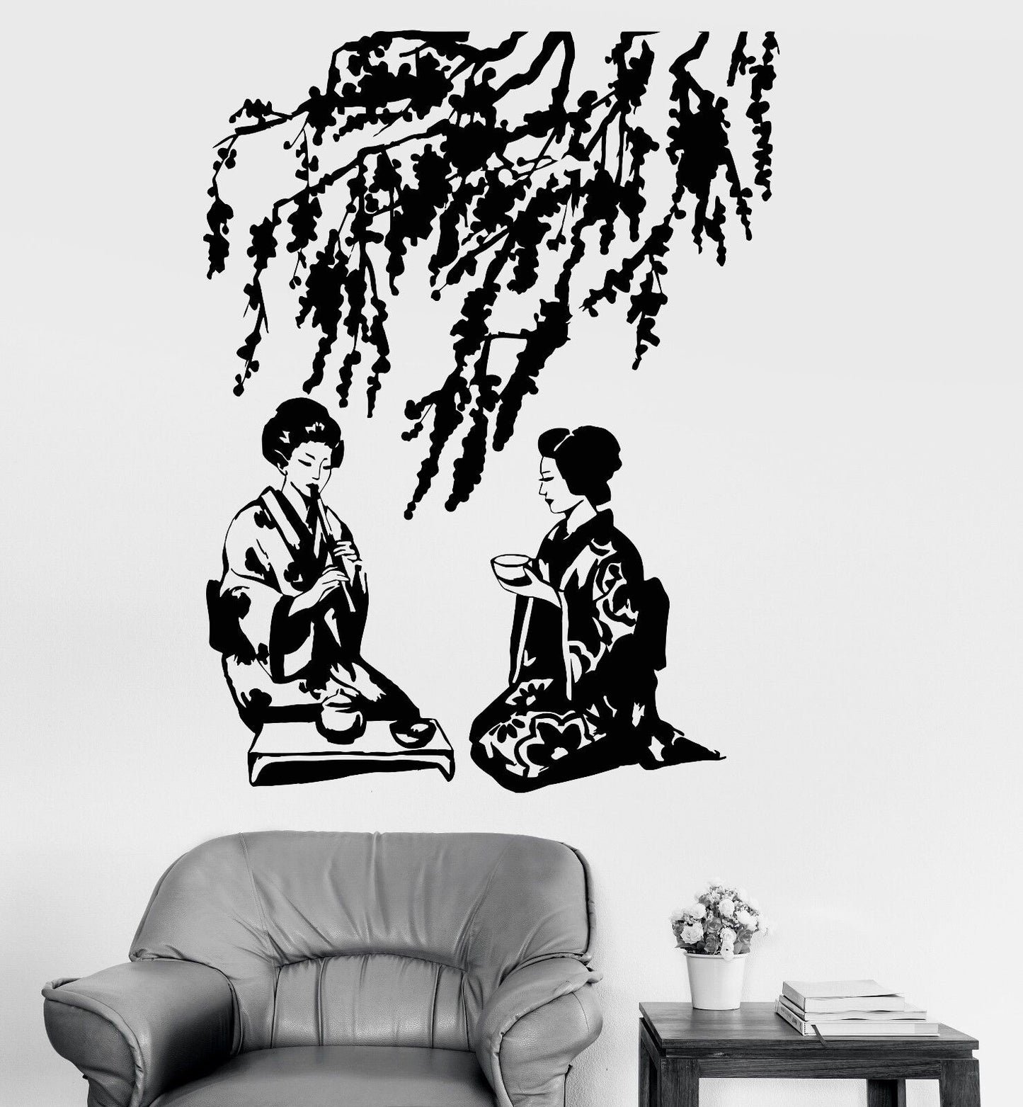 Vinyl Wall Decal Geisha Tea Ceremony Japanese Sakura Tree Stickers (708ig)