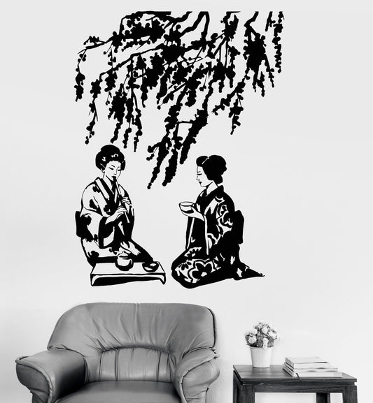 Vinyl Wall Decal Geisha Tea Ceremony Japanese Sakura Tree Stickers (708ig)