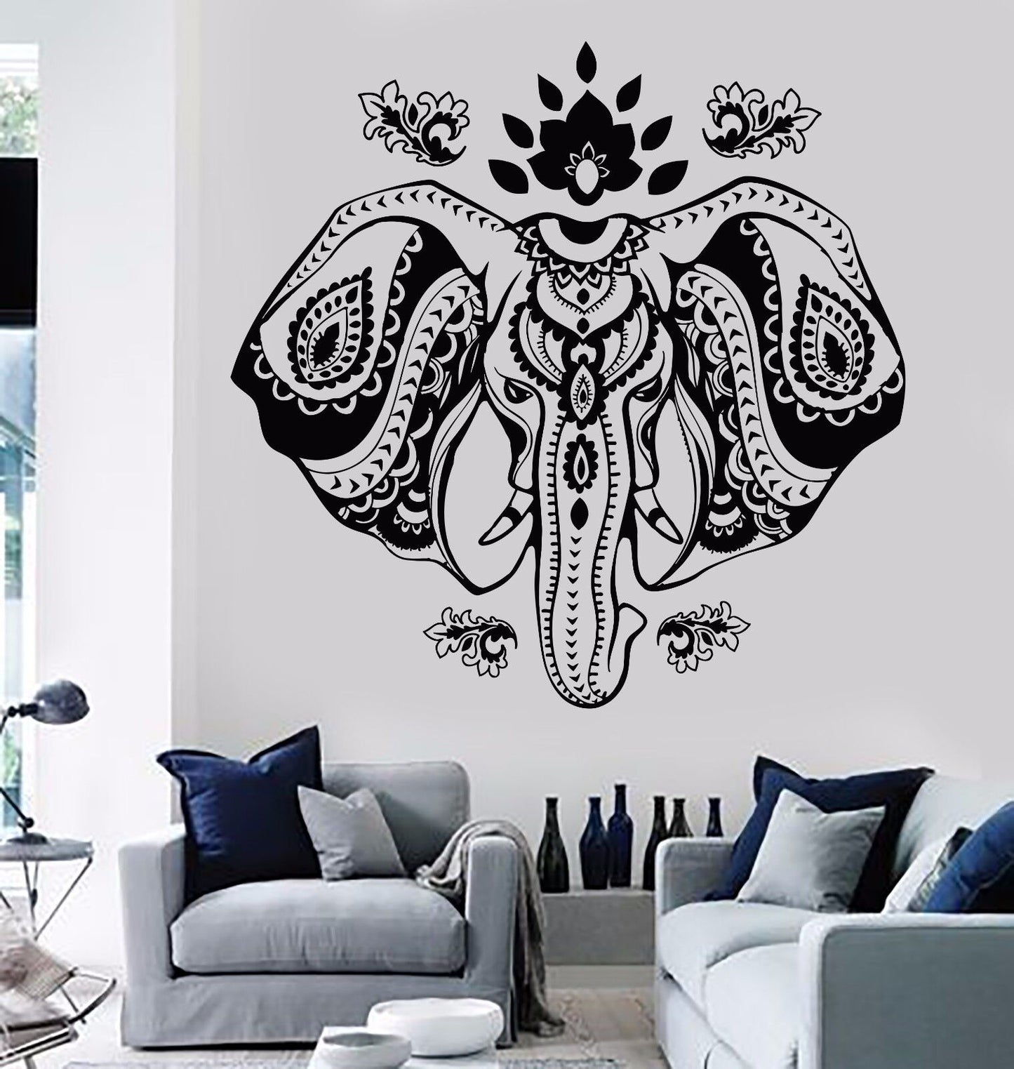 Vinyl Wall Decal India Elephant Head Lotus Hindu Symbol Stickers (720ig)