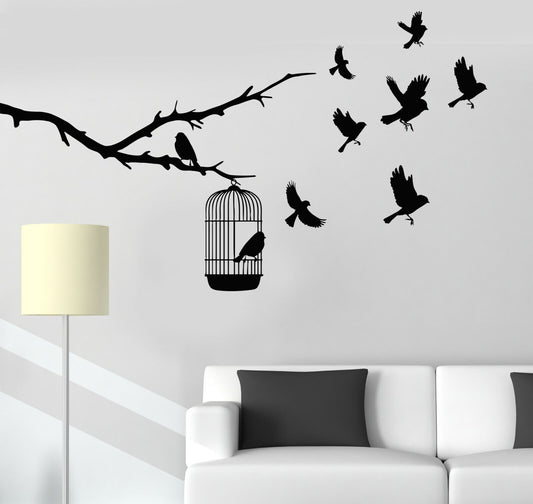 Autocollant mural en vinyle, branche d'arbre, Cage, oiseaux, autocollants naturels (762ig)