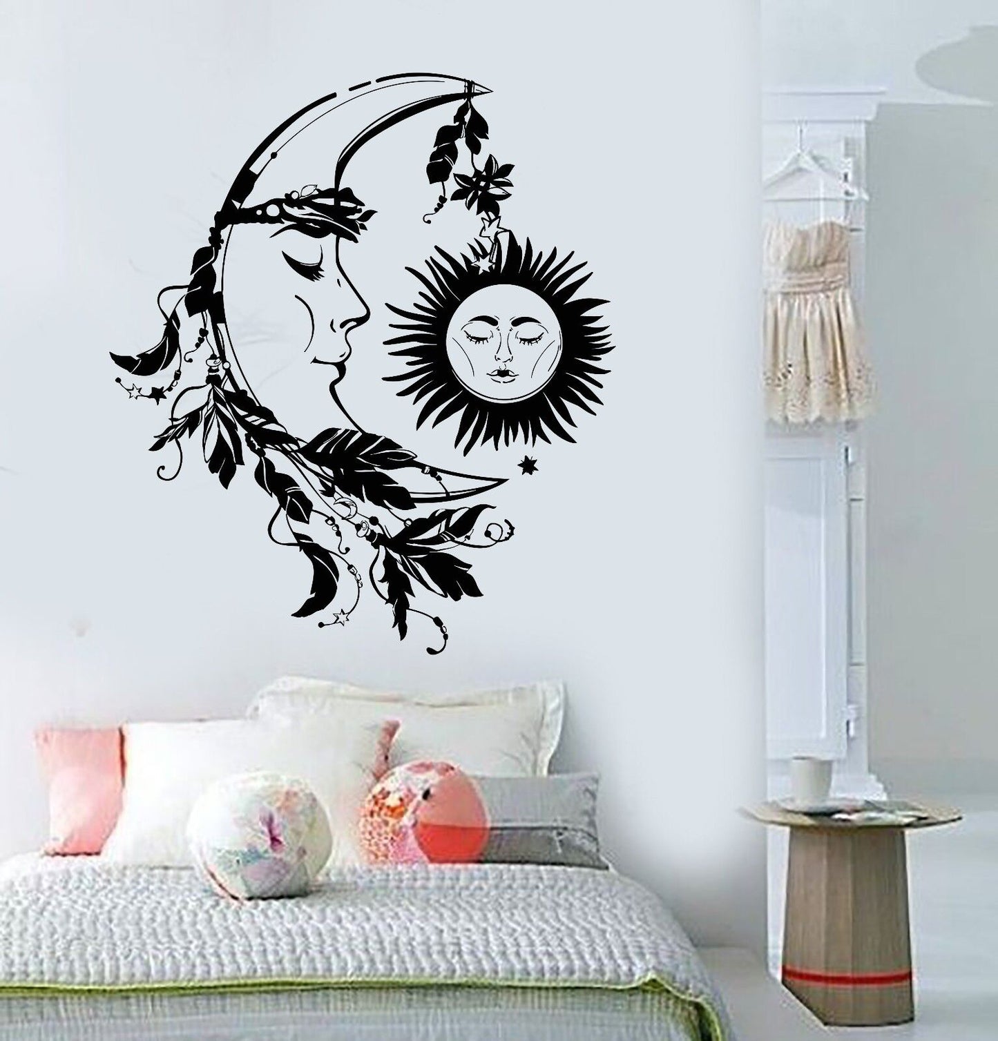 Wandtattoo Sonne Mond Nacht Traum Schlafzimmer Design Federn Vinyl (807ig)