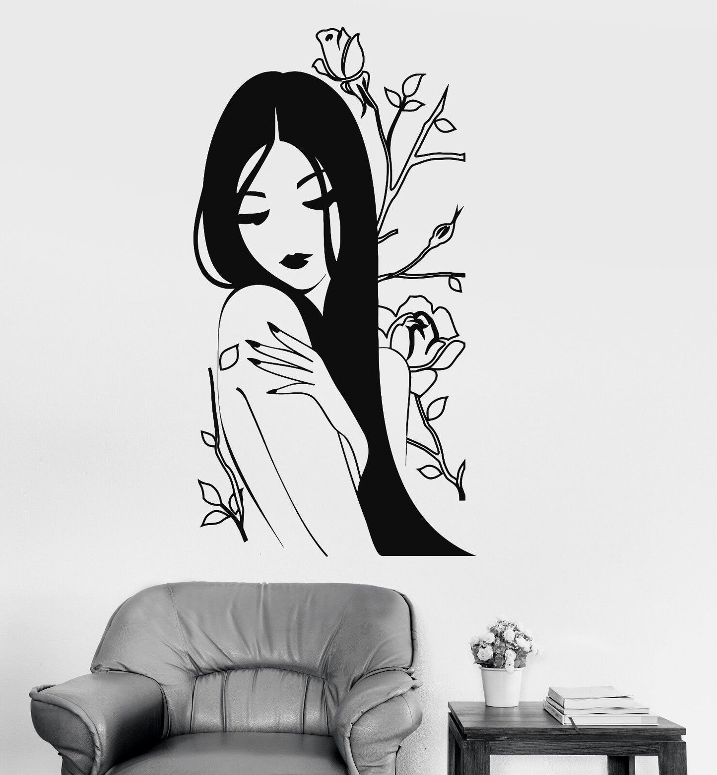 Vinyl Wall Decal Flower Rose Naked Beautiful Japanese Girl Spa Stickers (816ig)