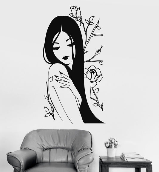 Vinyl Wall Decal Flower Rose Naked Beautiful Japanese Girl Spa Stickers (816ig)