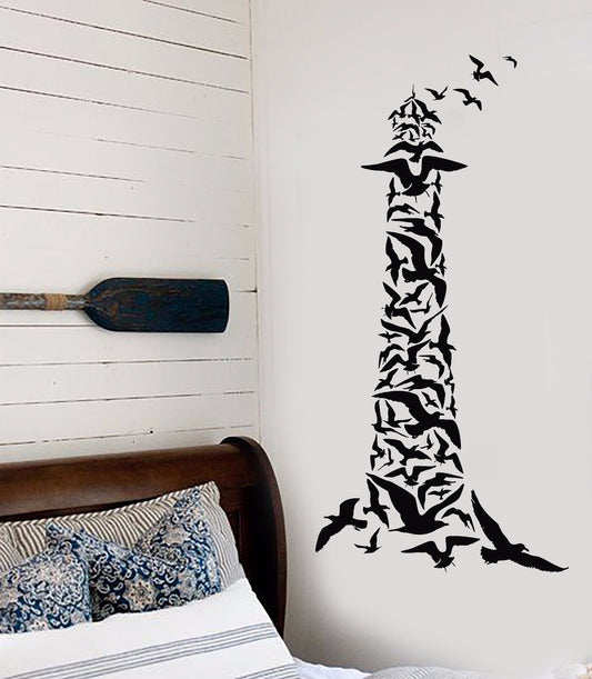 Vinyl Wall Decal Lighthouse Marine Style Flock Sea Ocean Birds Stickers (820ig)