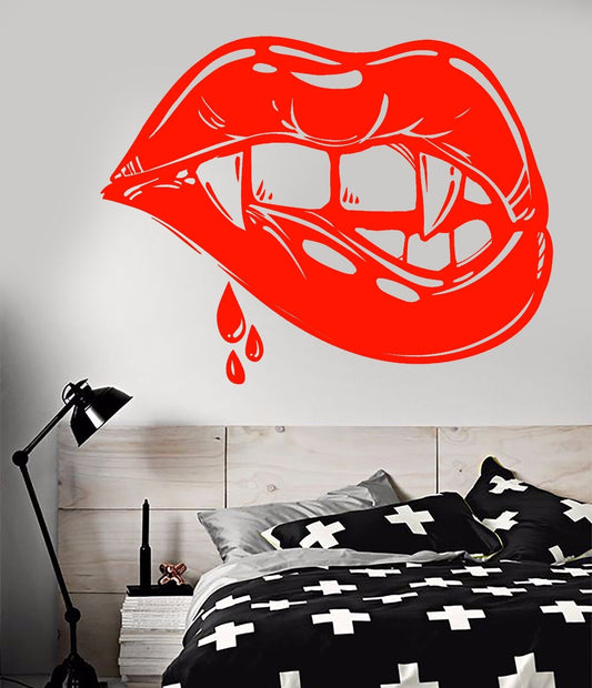 Vinyl Wall Decal Sexy Lips Vampire Fangs Girl Fantasy Halloween Stickers (859ig)