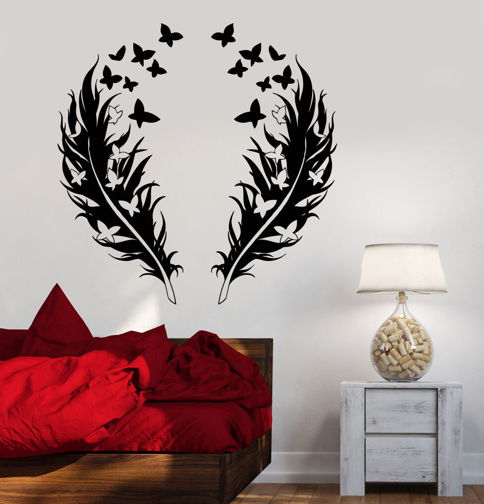 Wandtattoo "Federn Schmetterling" aus Vinyl, romantisches Schlafzimmer-Design (866ig)