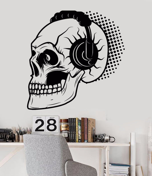 Autocollant mural en vinyle avec tête de mort, casque d'écoute, mélomane, autocollants pour chambre d'adolescent (871ig)