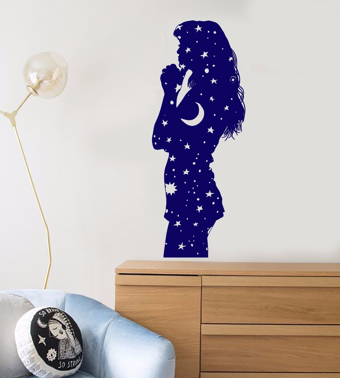 Wandaufkleber, Vinyl, Pyjama, Mädchen, Nacht, Sterne, Mond, Schlafzimmer, Design-Aufkleber (893ig)