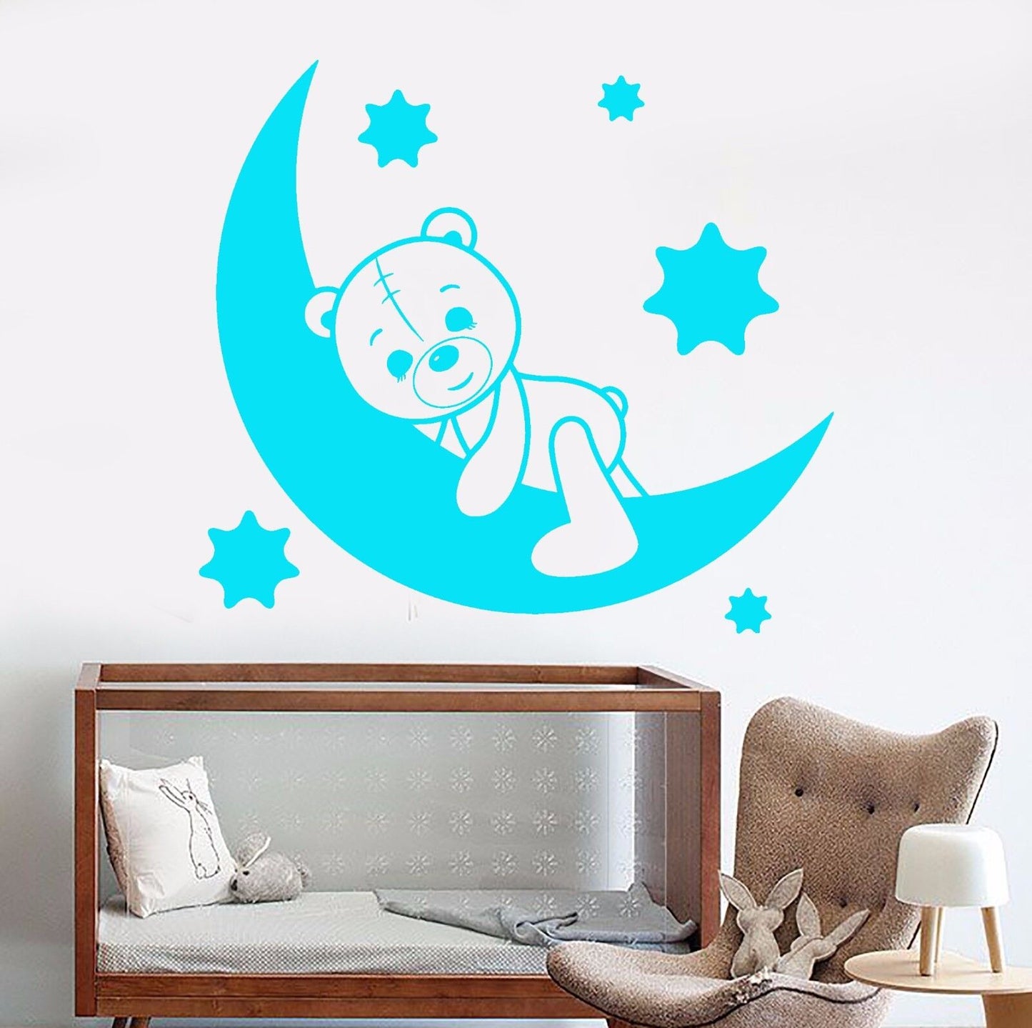 Wandaufkleber aus Vinyl für Kinderzimmer, Teddybär, Spielzeug, Mond und Sterne (925ig)