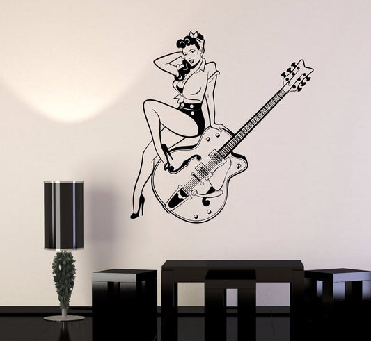 Wandtattoo Pin-Up-Stil, Retro-Mädchen, Gitarre, Musik, Vinyl, Aufkleber (976ig)