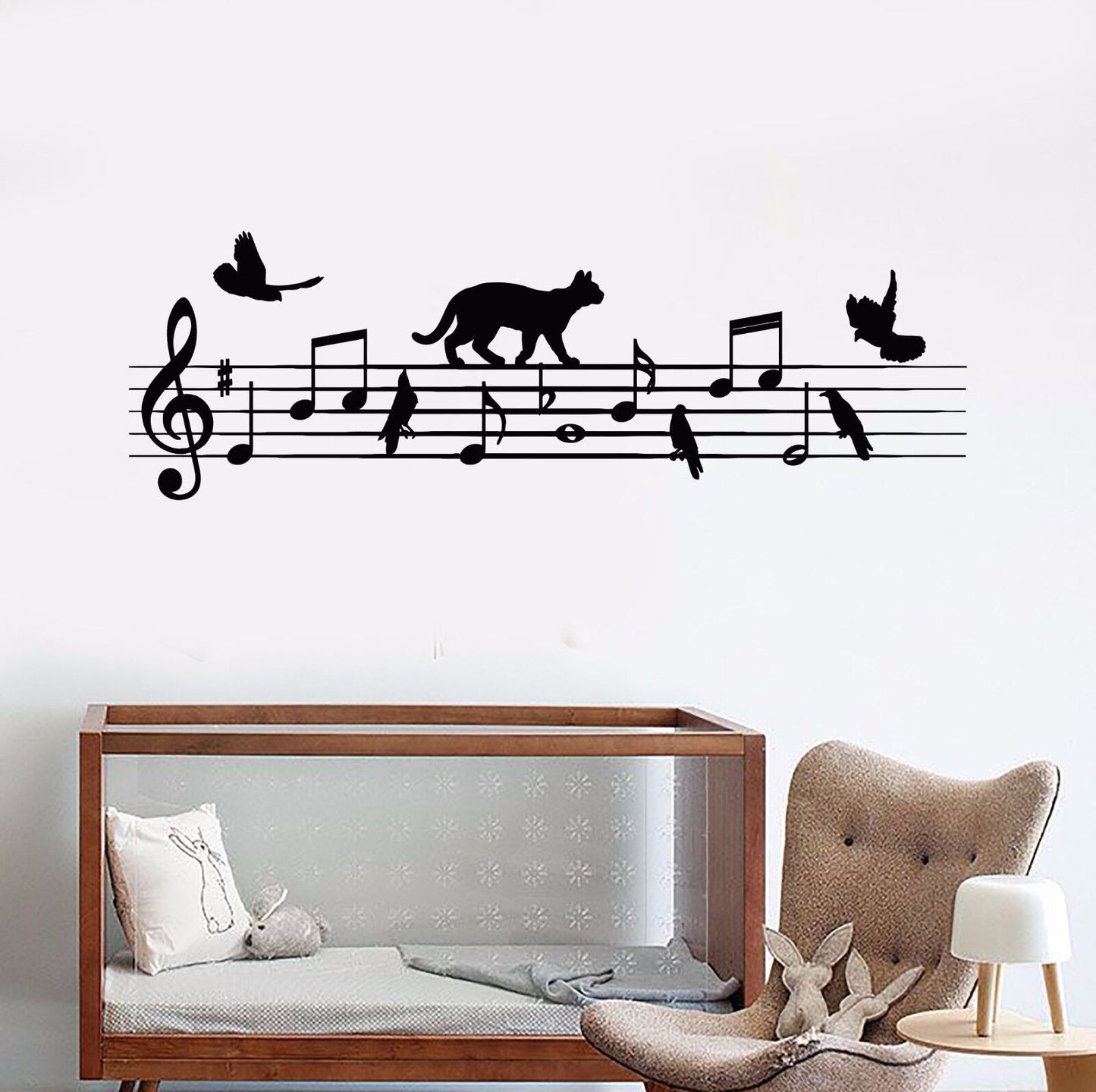 Autocollant mural en vinyle Notes école de musique oiseau chat autocollants pour pépinière (1035ig)