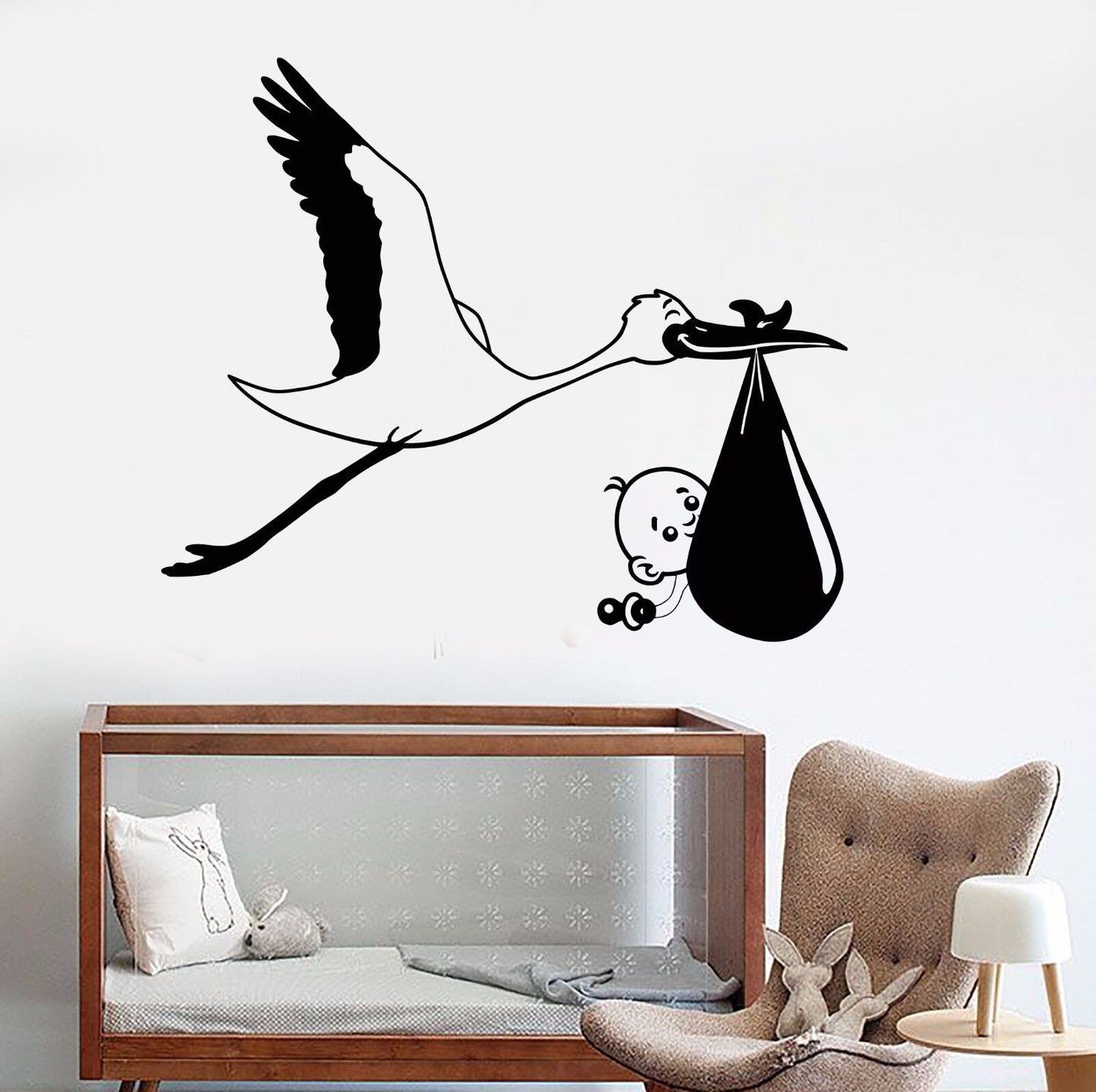 Autocollant mural en vinyle cigogne bébé oiseau, autocollants pour chambres d'enfants (1083ig)