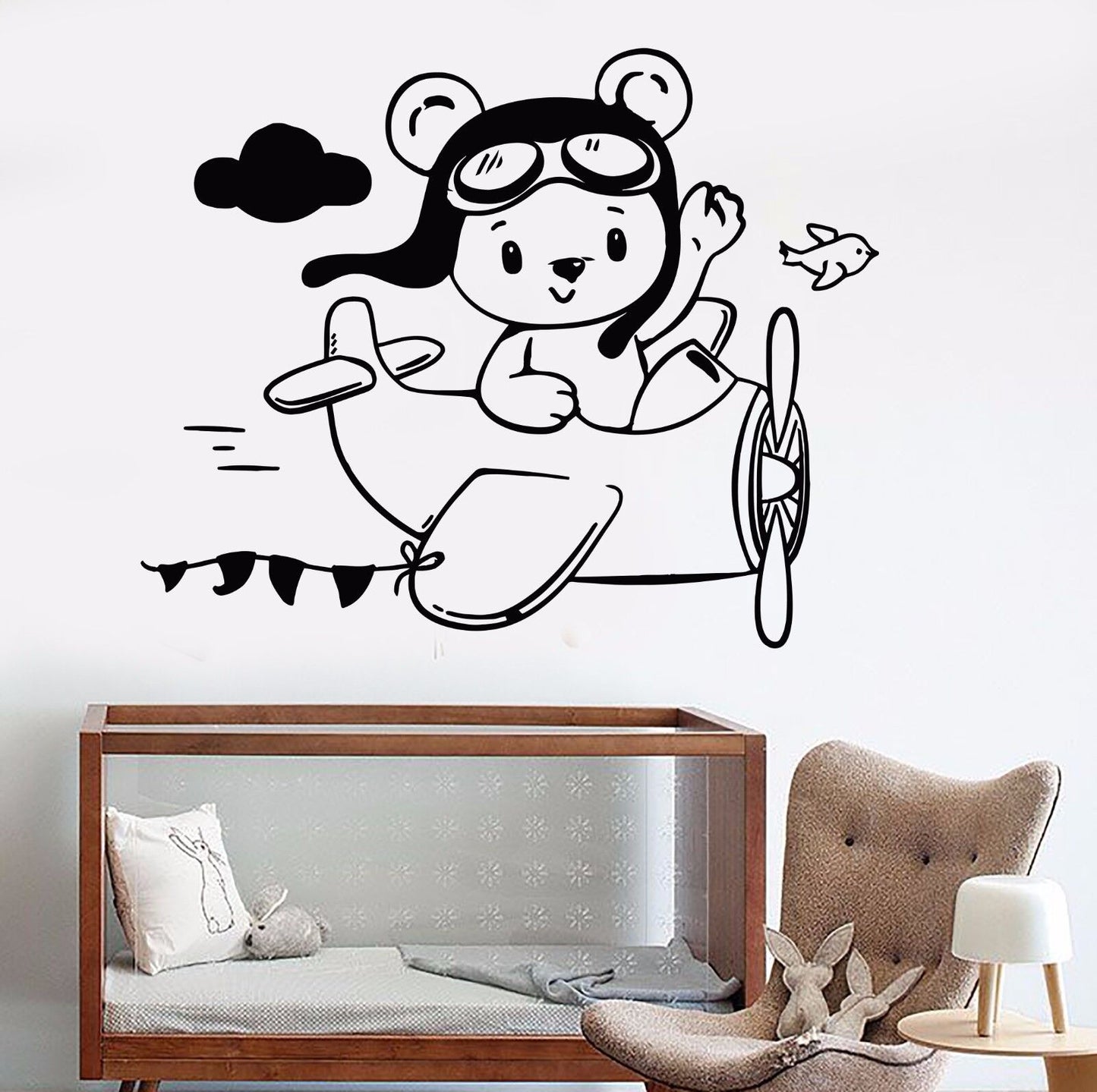 Vinyl Wall Decal Little Teddy Bear Aviator Plane Children's Room Stickers 1107ig