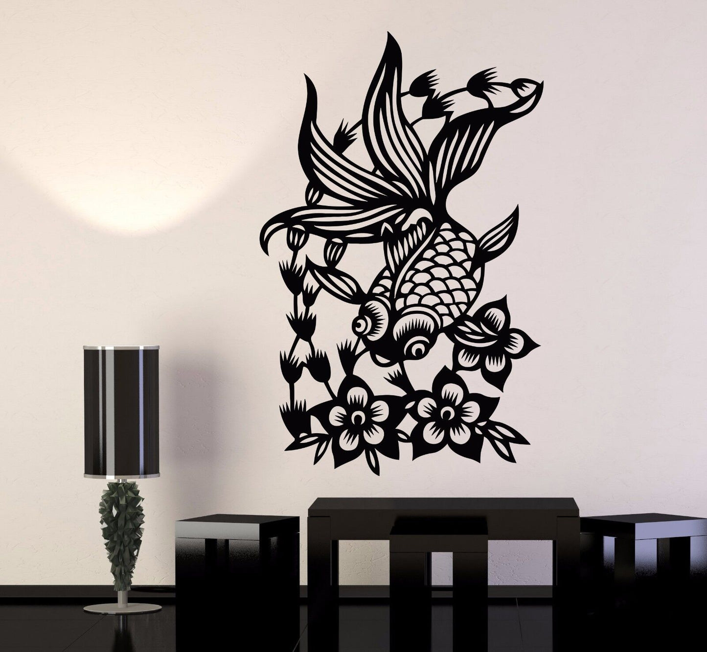 Vinyl Wall Decal Japanese Goldfish Aquarium Flowers Asian Style Stickers 1120ig