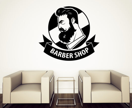 Vinyl Wall Stickers Barber Shop with Ribbon logo (n679)