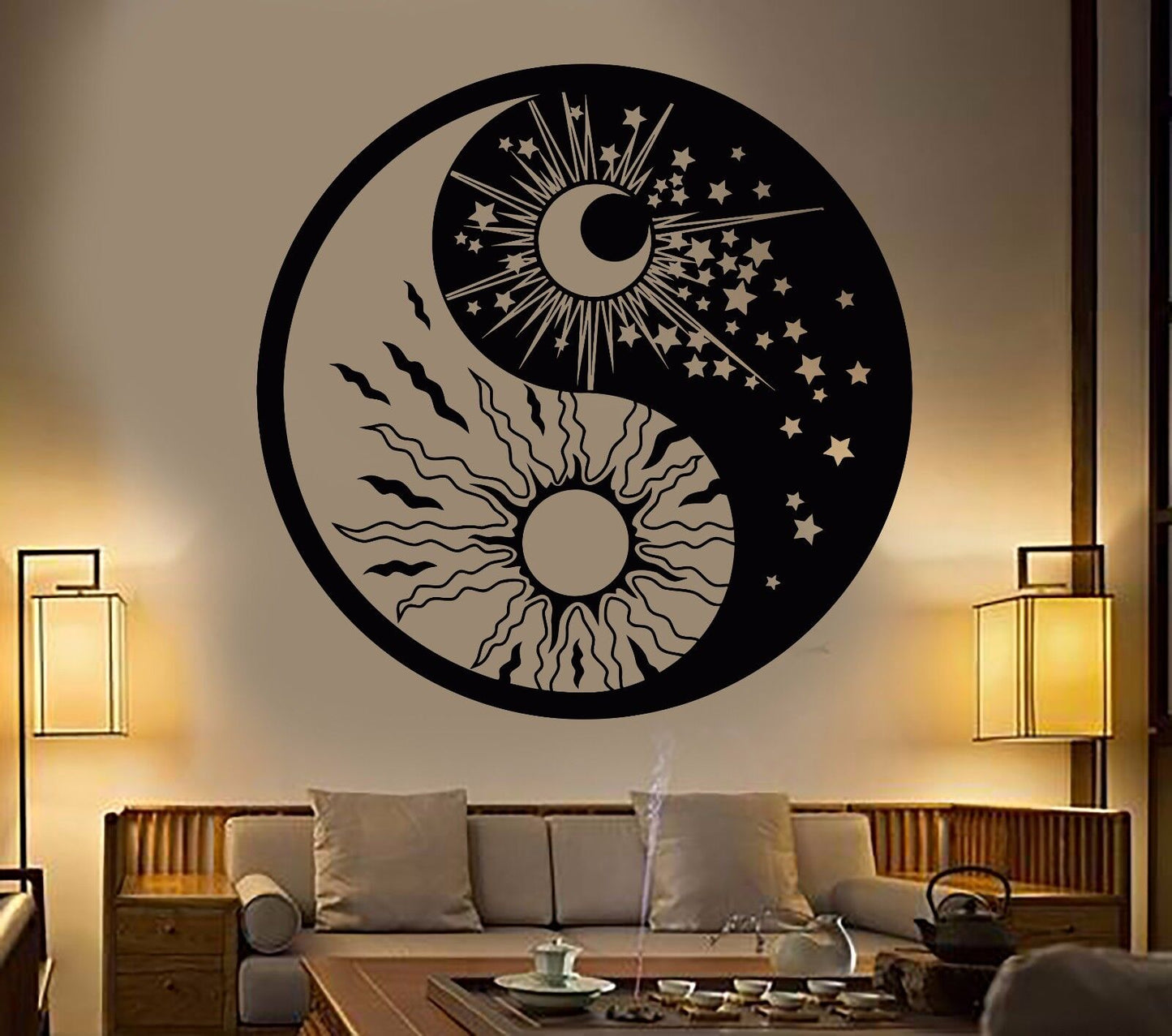 Wandaufkleber aus Vinyl, Yin-Yan-Symbol, Sonne, Mond, Buddhismus, Sterne, Tag (1135ig)