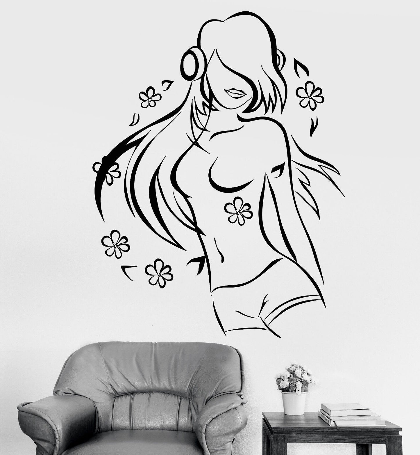 Vinyl Wall Decal Teen Girl Music Lover Headphones Dancing Flowers Sticker 1174ig