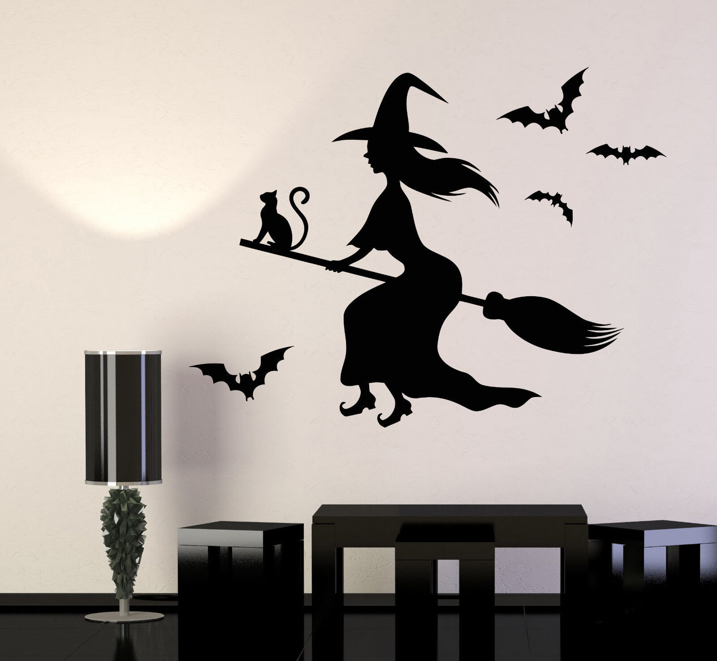 Vinyl Wall Decal Witch Black Magic Cat Besom Halloween Stickers (980ig)