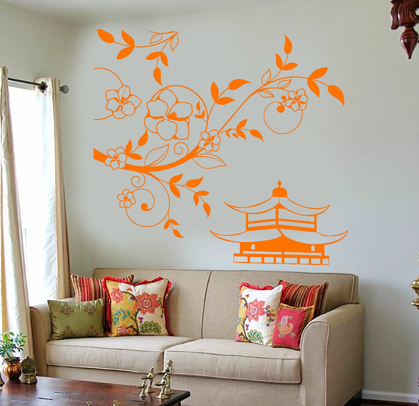 Vinyl Wall Decal Pagoda Sakura Tree Branch China Asian Style Stickers (1214ig)