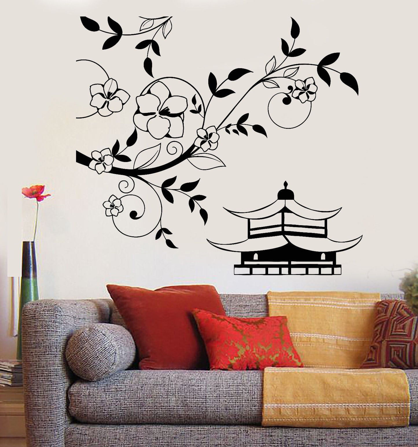 Vinyl Wall Decal Pagoda Sakura Tree Branch China Asian Style Stickers (1214ig)