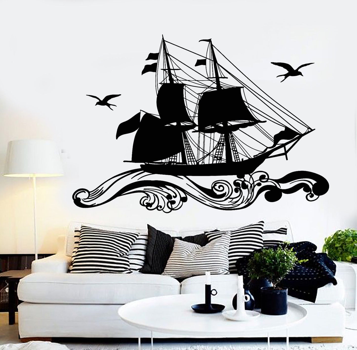 Vinyl Wall Decal Ship Sailor Sea Sails Cruise Seagull Birds Waves Sticker 1218ig