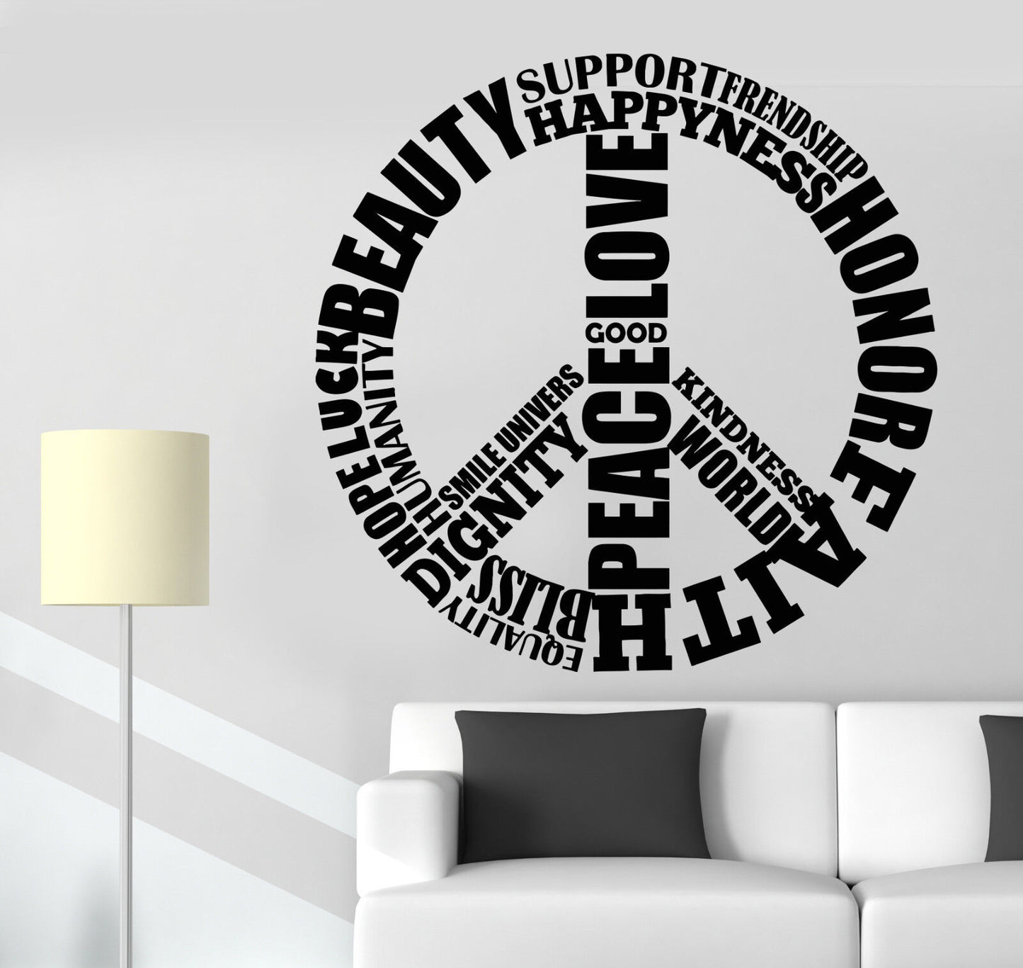 Vinyl Wall Decal Symbol Of Peace Love Hippie Happiness Words Stickers (1219ig)