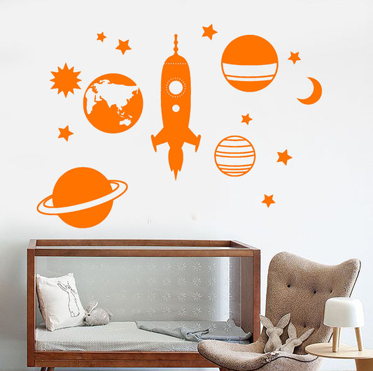 Wandtattoo Weltall Rakete Planet Sterne Kinderzimmer Deko Vinyl Aufkleber 1255ig