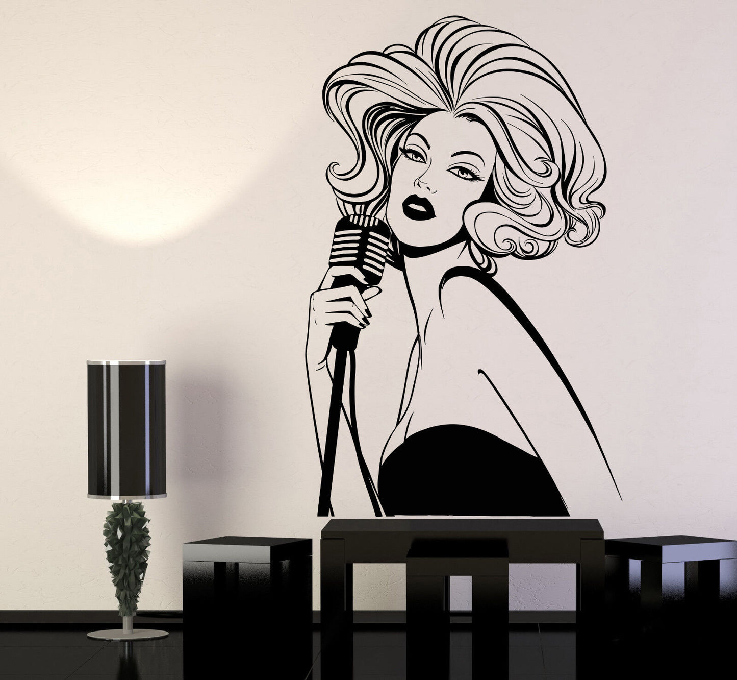 Autocollant mural en vinyle rétro Microphone Lady Jazz Singer, autocollants femme Sexy (1281ig)