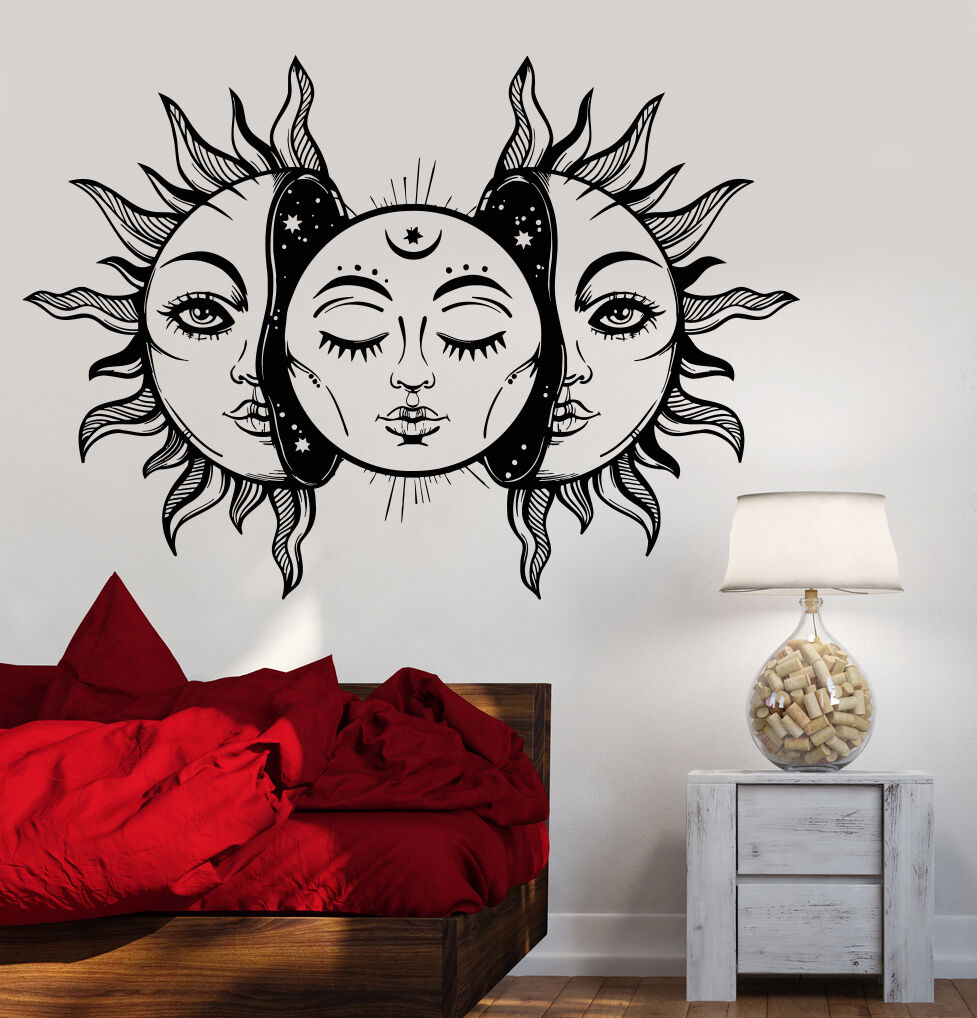 Autocollant mural en vinyle, Art soleil, étoile, lune, décor de chambre à coucher, autocollants de conte de fées (1292ig)