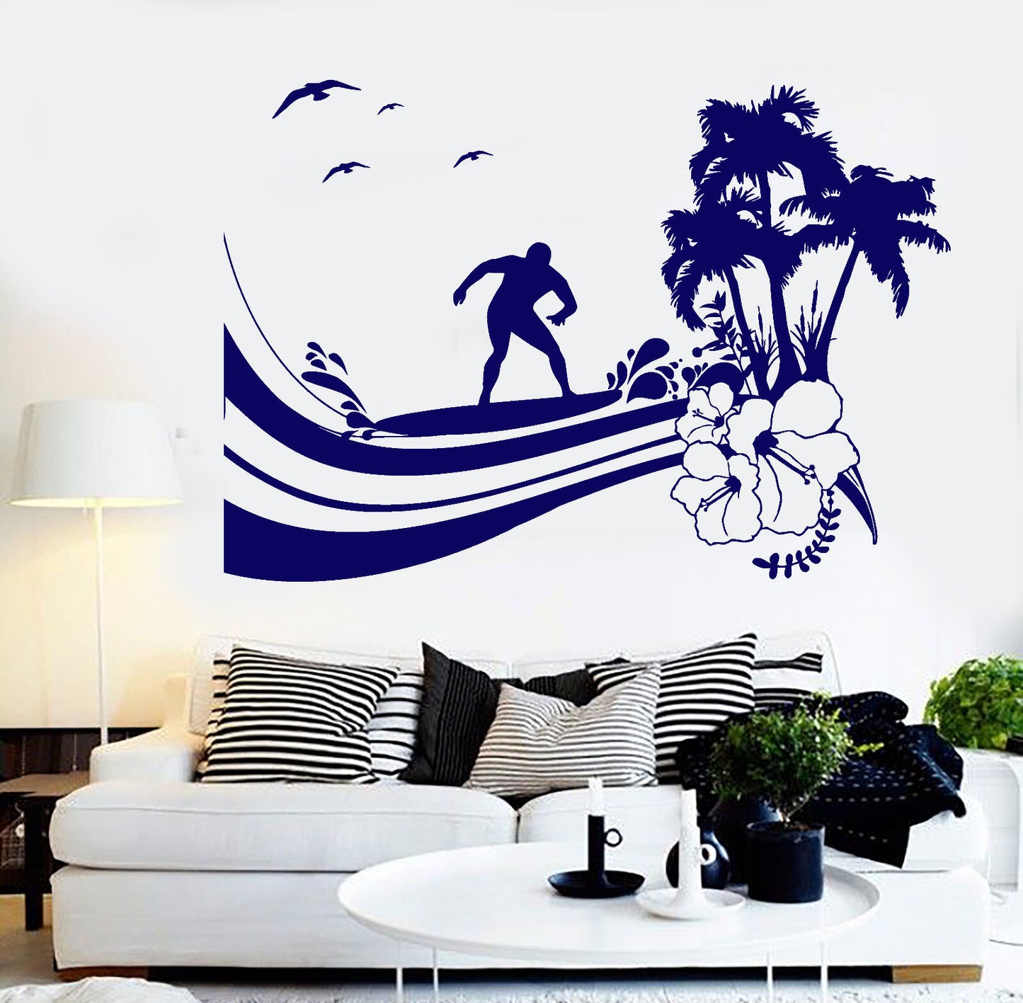 Vinyl Wall Decal Surfing Wave Palm Tree Beach Style Surfer Island Sticker 1319ig