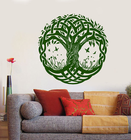 Autocollant mural en vinyle, symbole celtique, arbre de vie, papillons naturels (1349ig)